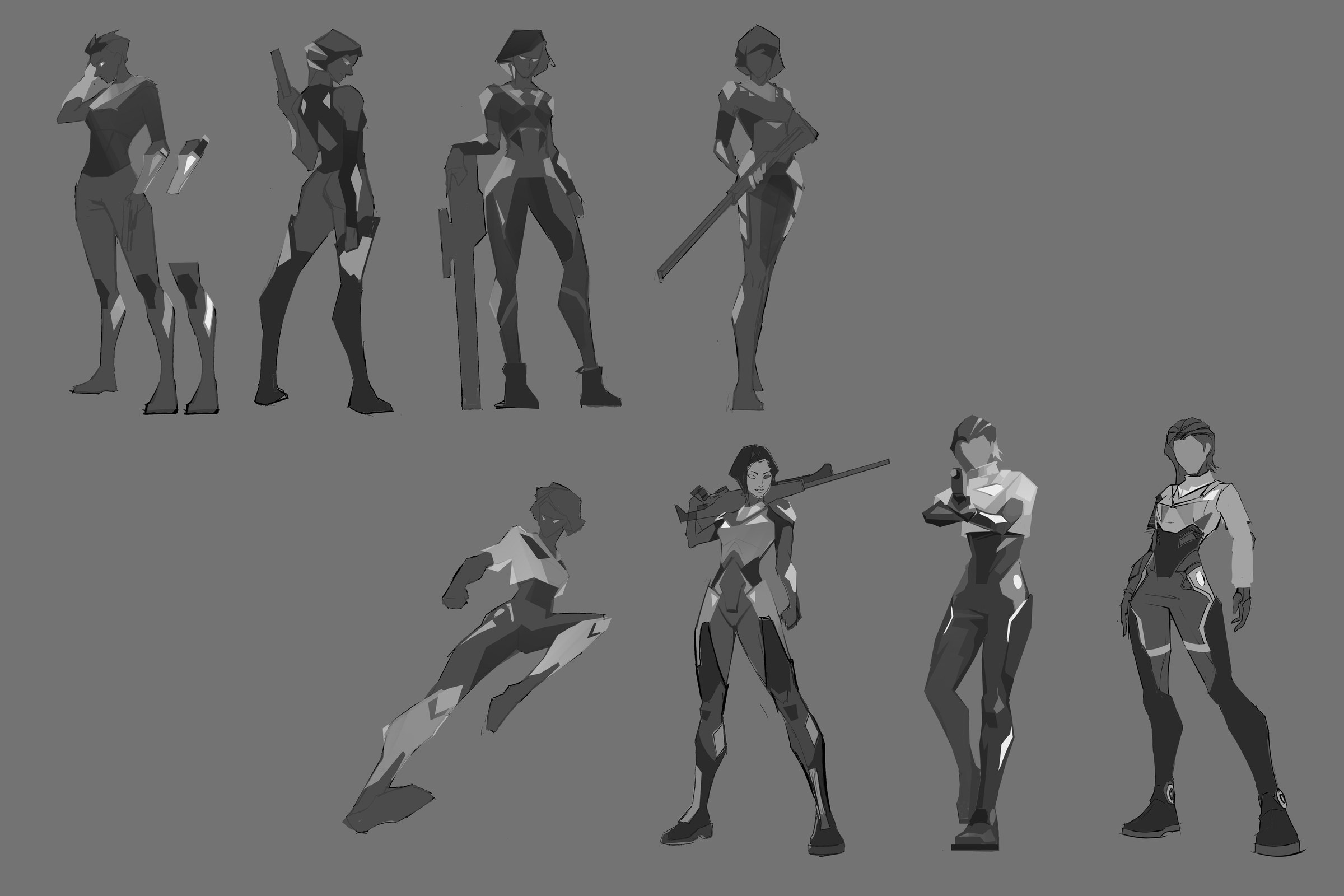 Lyra silhouette study — eight monochrome poses