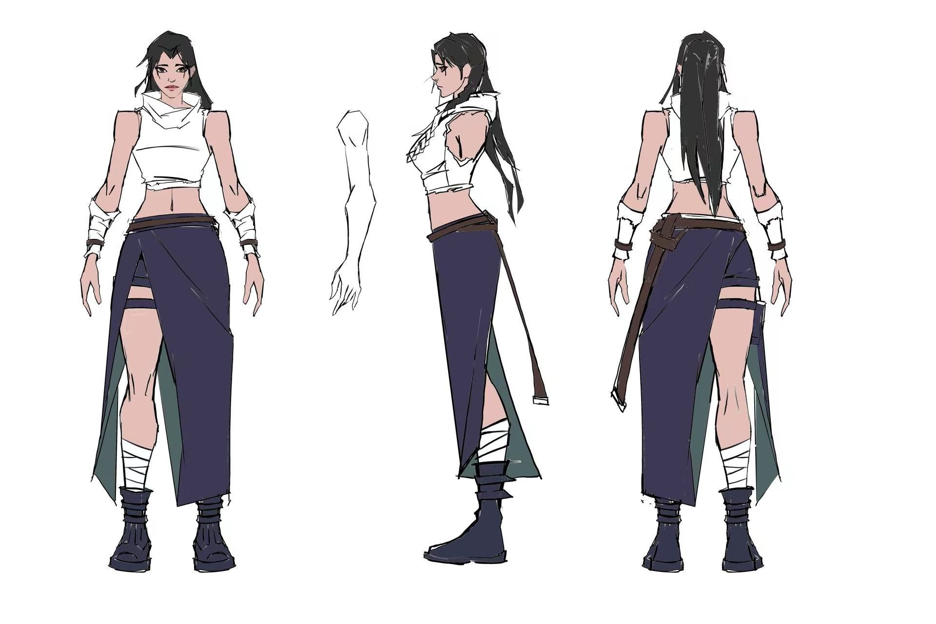 Lyra garment construction sketch — three views and arm details